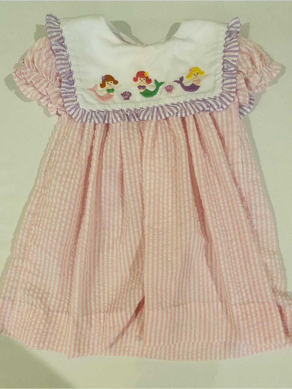 Cecil and Lou Pink Seersucker Dress with Mermaid Embroidery